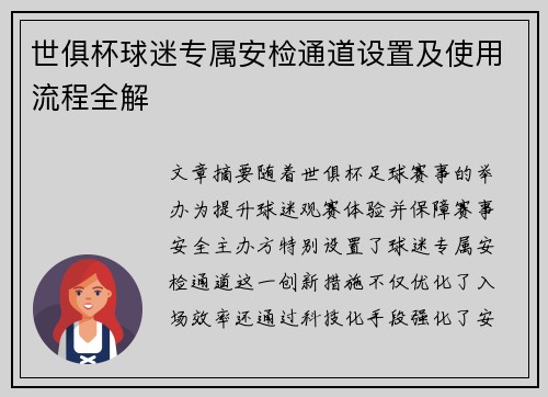 世俱杯球迷专属安检通道设置及使用流程全解